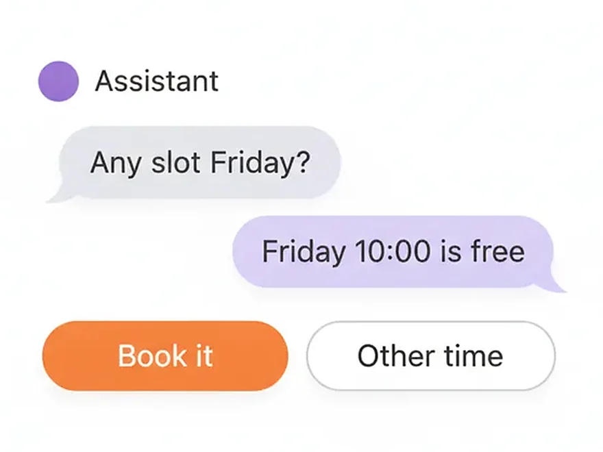 Chat where an assistant offers a Friday slot and two reply buttons