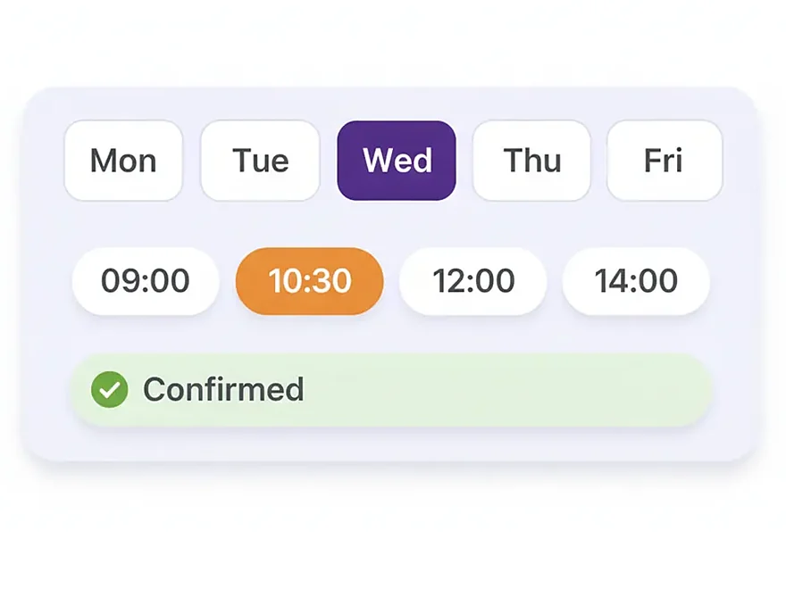 A week strip with a selected time slot and a confirmed booking