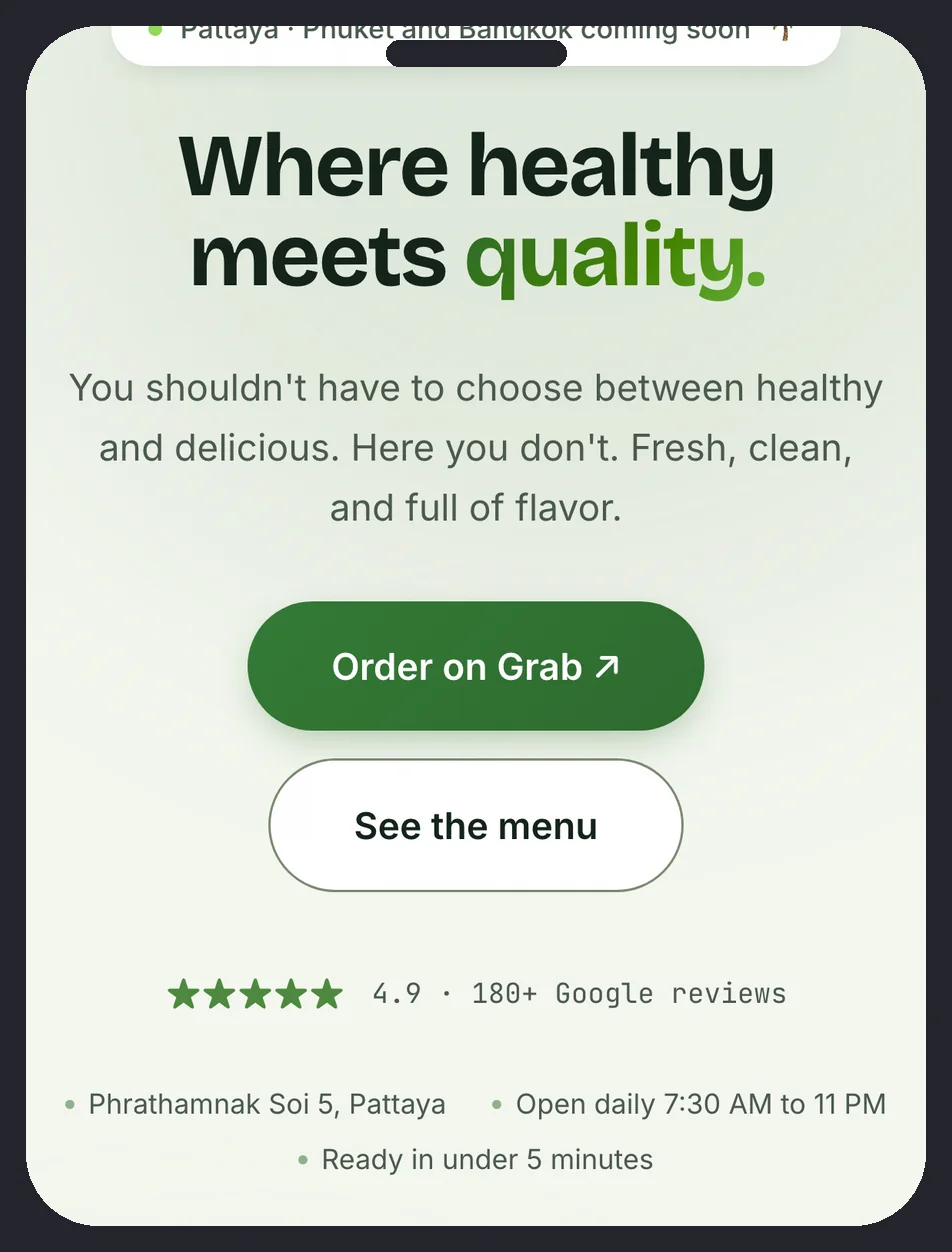 PokePoke Thai on a phone: a healthy food offer with an order button, a menu link and a 4.9 rating from over 180 Google reviews