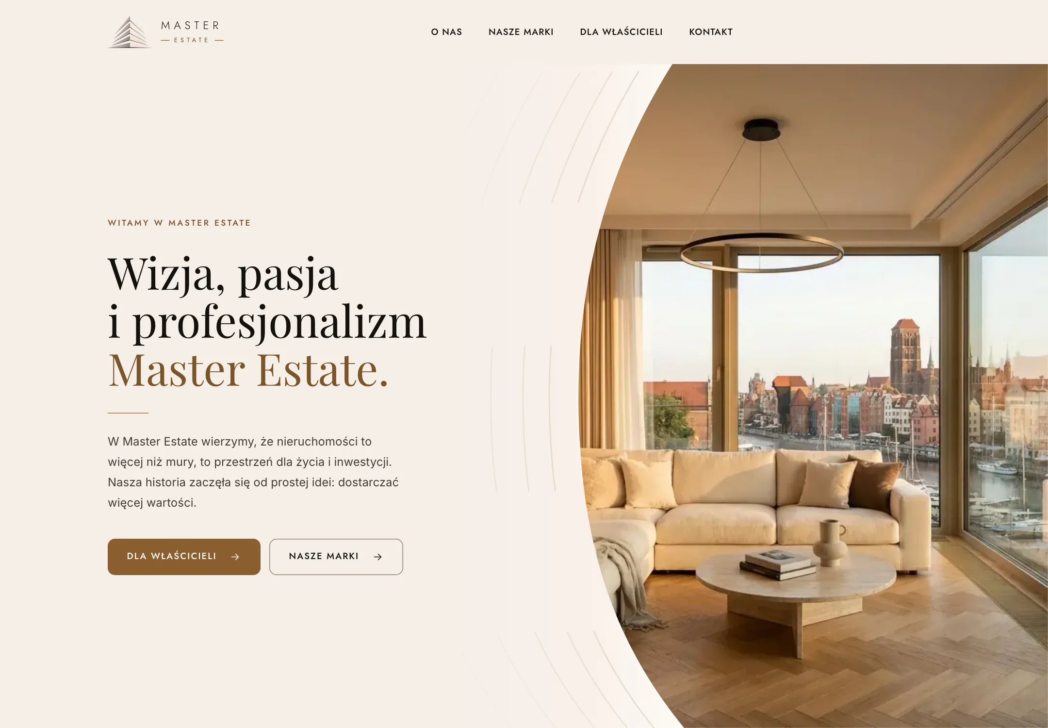 Homepage of masterestate.pl: a rental management brand for property owners in Gdansk, with a premium apartment overlooking the old town and links to the PerHour, PerStay and PerYear brands