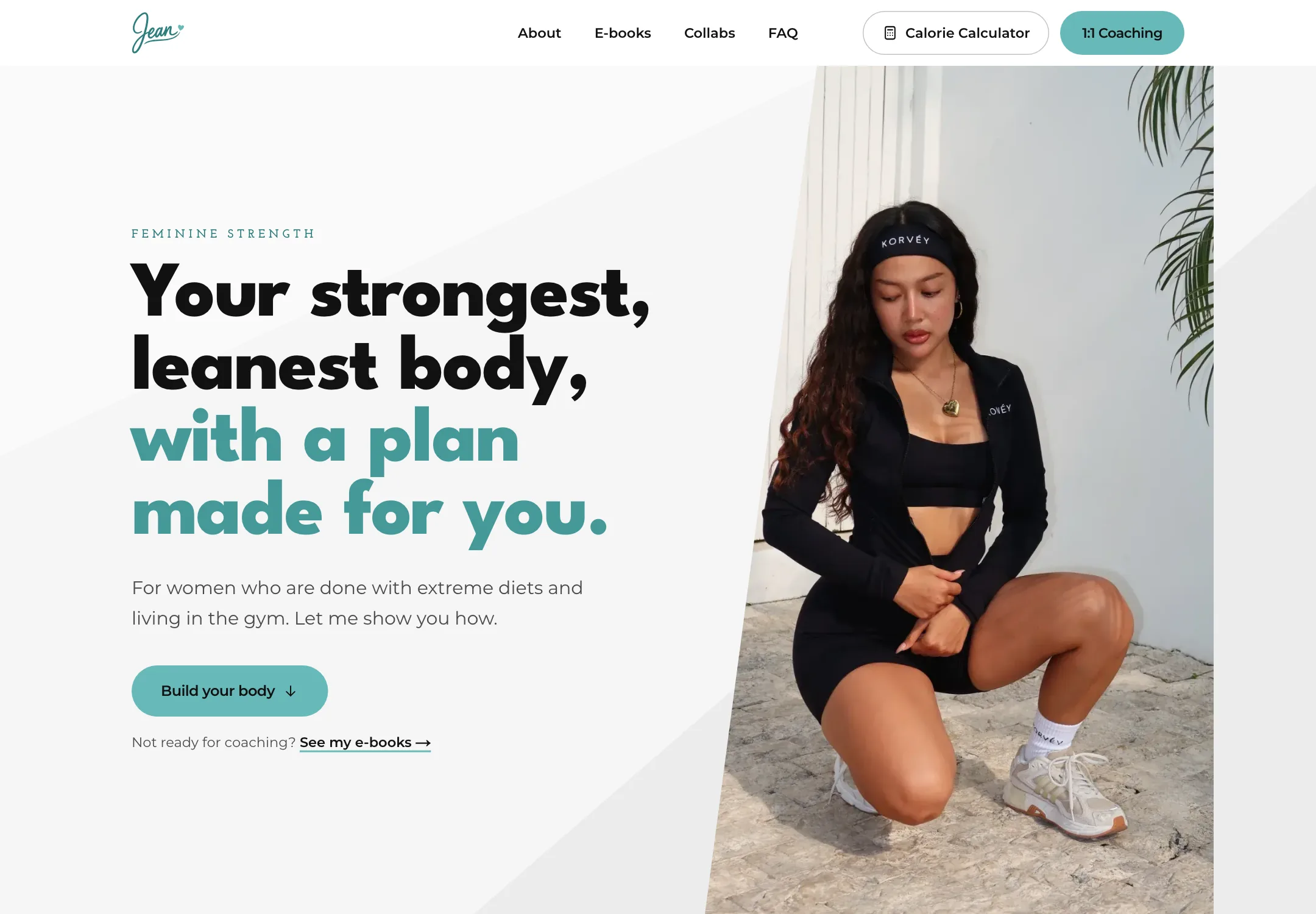 Homepage of trainwithjean.com: a women's fitness coaching page with the headline Your strongest, leanest body, with a plan made for you and a photo of the coach